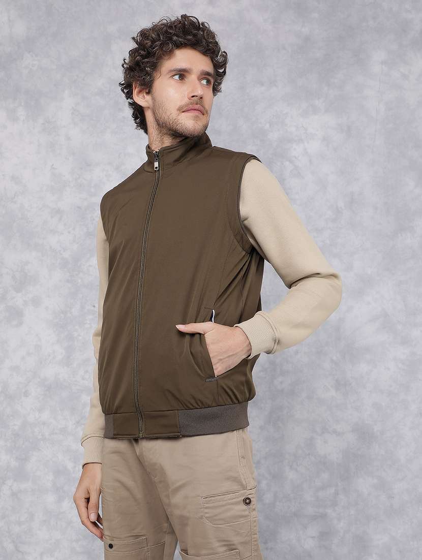 men olive solid sleeveless casual jacket