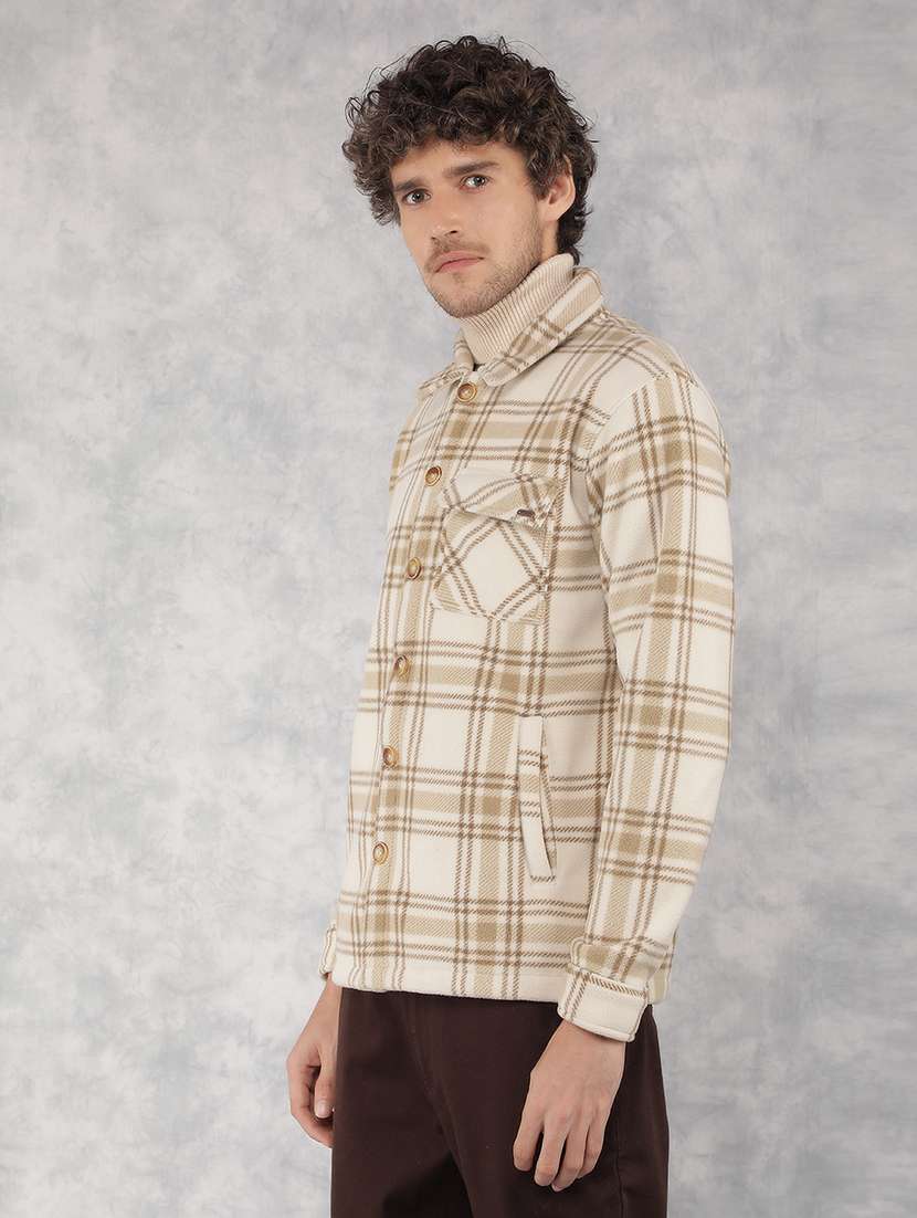men beige checkered long sleeve shacket