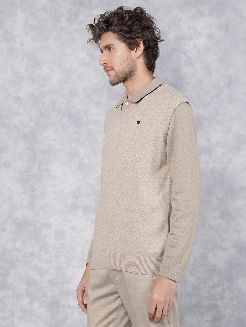 men solid beige cotton pullover