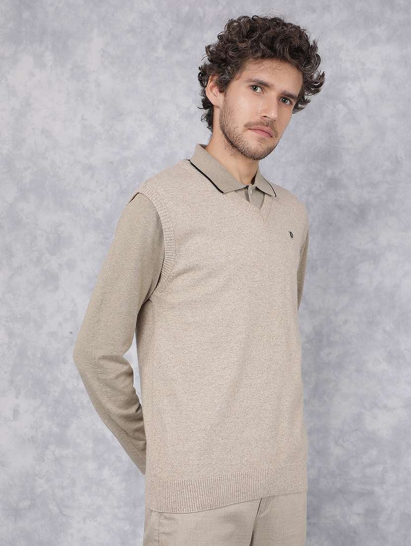 men solid beige cotton pullover - 21495836 -  Standard Image - 2