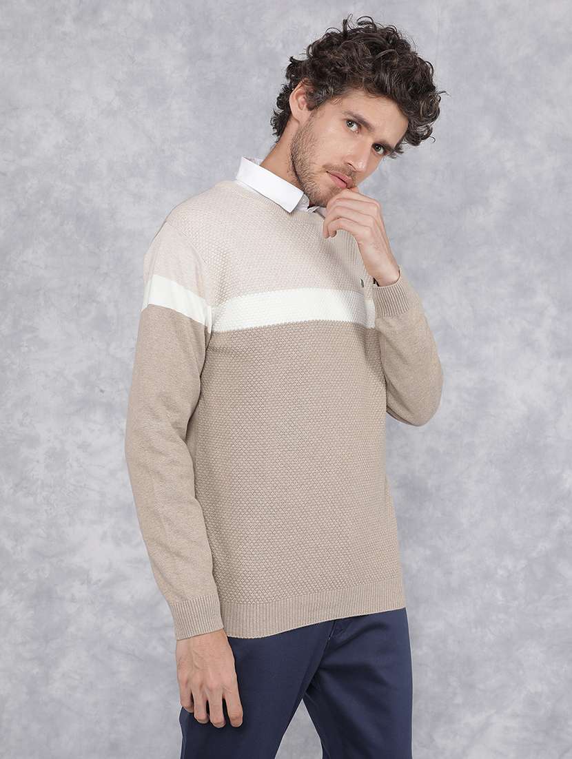 Men Beige Colourblocked Cotton Pullover - 21495845 -  Standard Image - 2