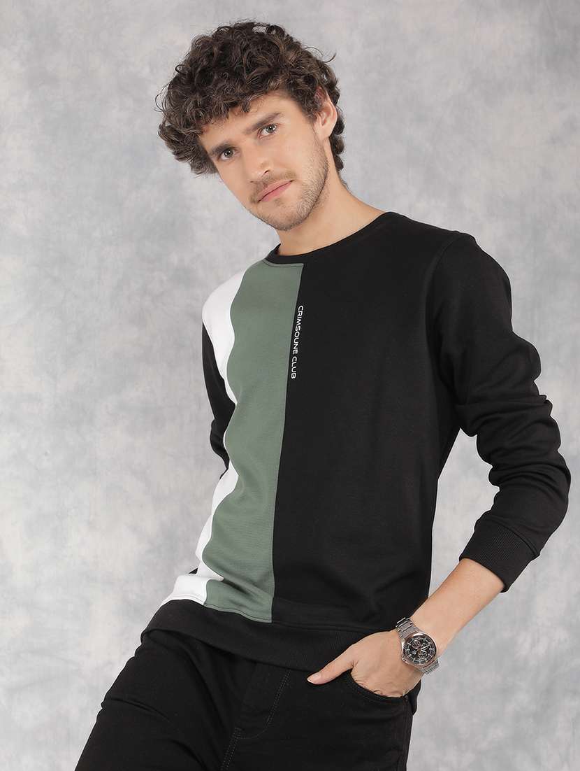 men black cotton blend color block sweatshirt
