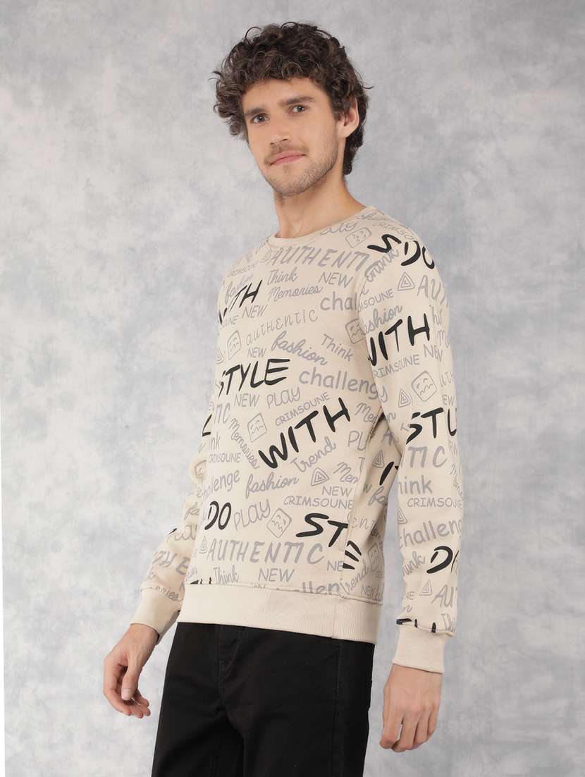 men beige cotton blend all over print sweatshirt