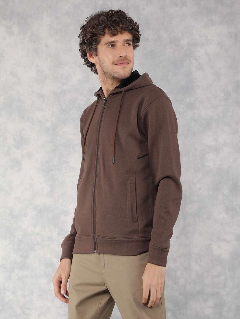men solid brown polyester hooded sweatshirt