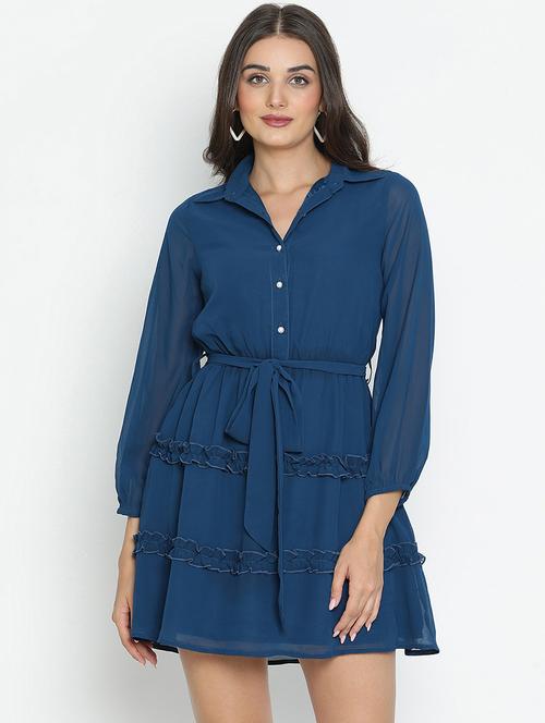 blue solid fit & flare dress - 21496467 - Standard Image - 0