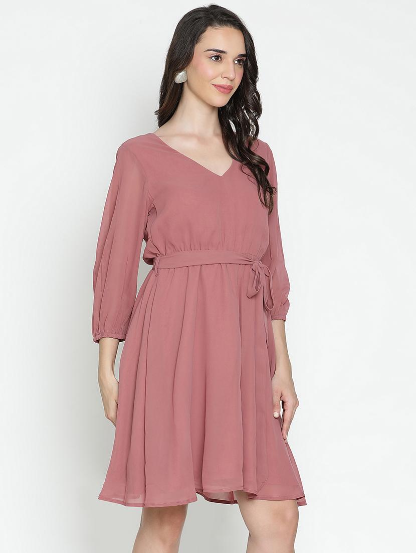 peach solid fit & flare dress - 21496475 - Standard Image - 2