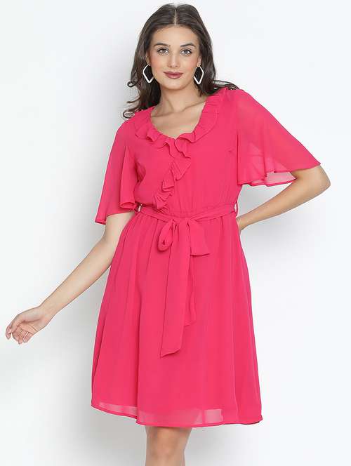 pink solid fit & flare dress - 21496483 - Standard Image - 0