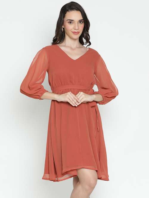 women rust solid fit & flare dress - 21496489 - Standard Image - 0