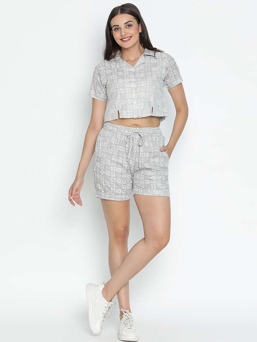women grey polyester top and shorts co-ord set