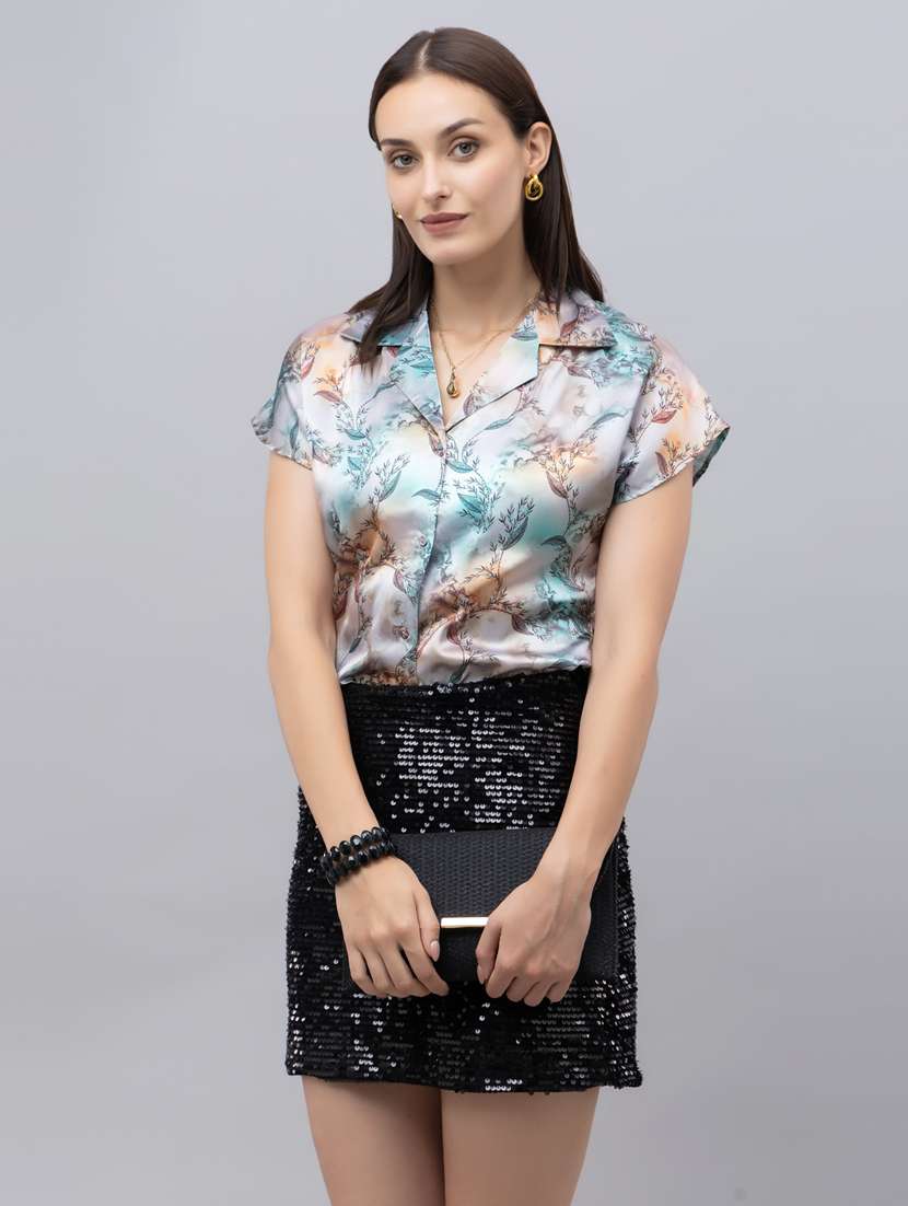 women printed lapel neck short sleeves shirt - 21496534 -  Standard Image - 2