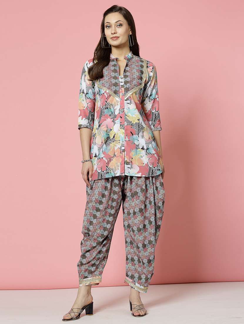 women multi coloured rayon dhotti and top co-ord set