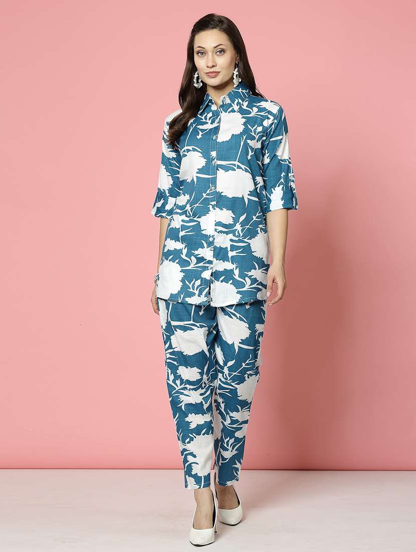 women turquoise rayon shirt and trouser co-ord set