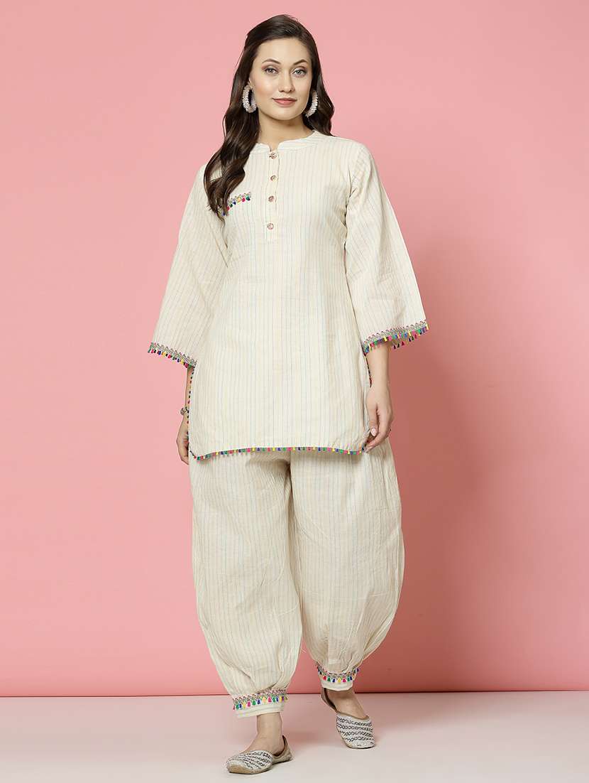 women off white cotton top and dhotti co-ord set