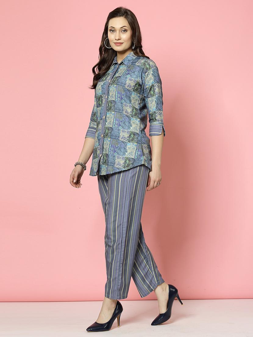 women blue rayon shirt and trouser co-ord set - 21496594 - Standard Image - 2