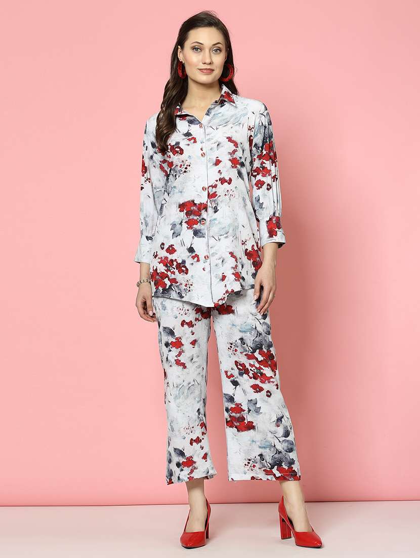 women grey cotton blend shirt and trouser co-ord set