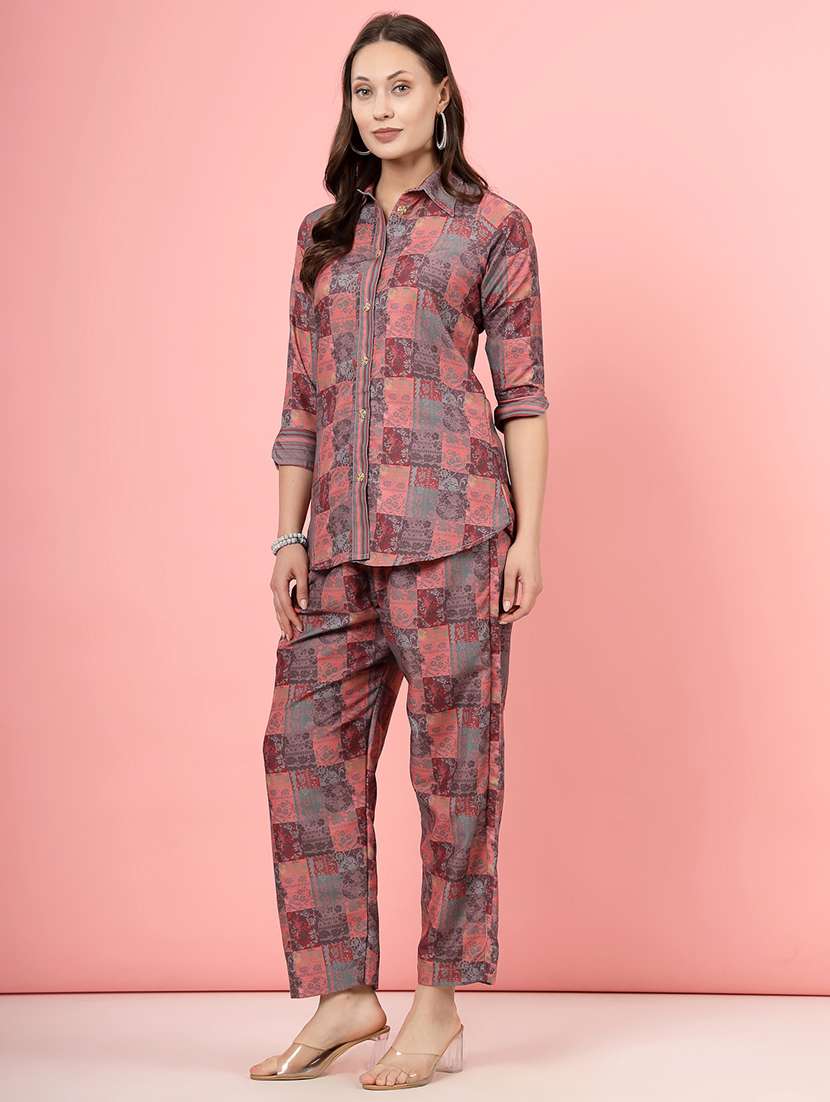 women peach rayon shirt and trouser co-ord set - 21496600 -  Standard Image - 2
