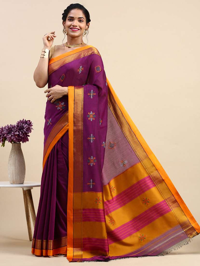 women contrast border embroidered saree  with blouse