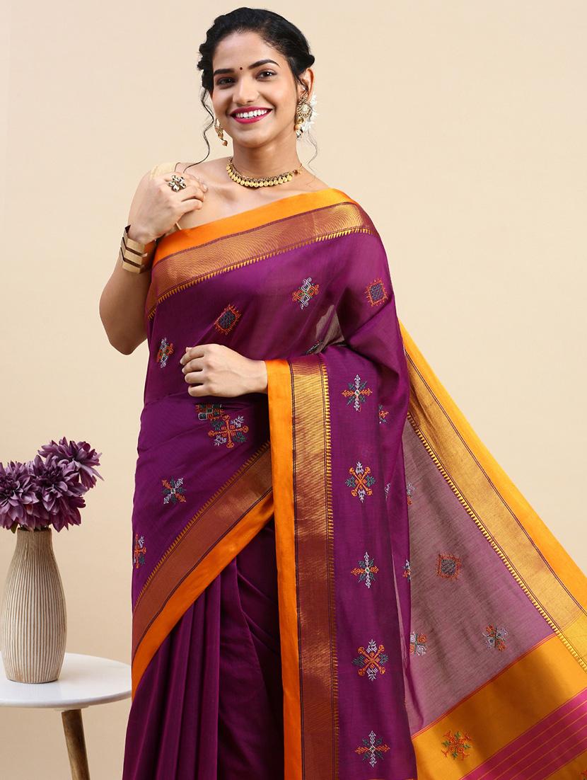 women contrast border embroidered saree with blouse - 21496724 - Standard Image - 2
