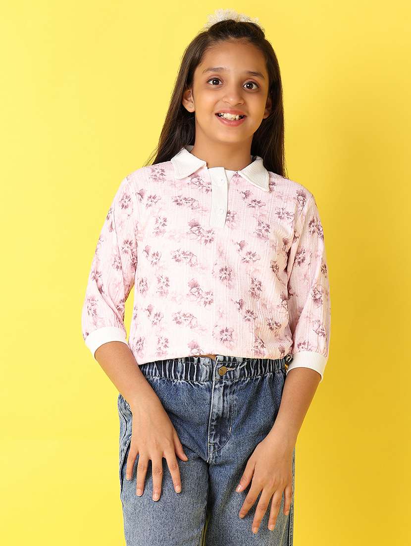 girls floral printed collared top
