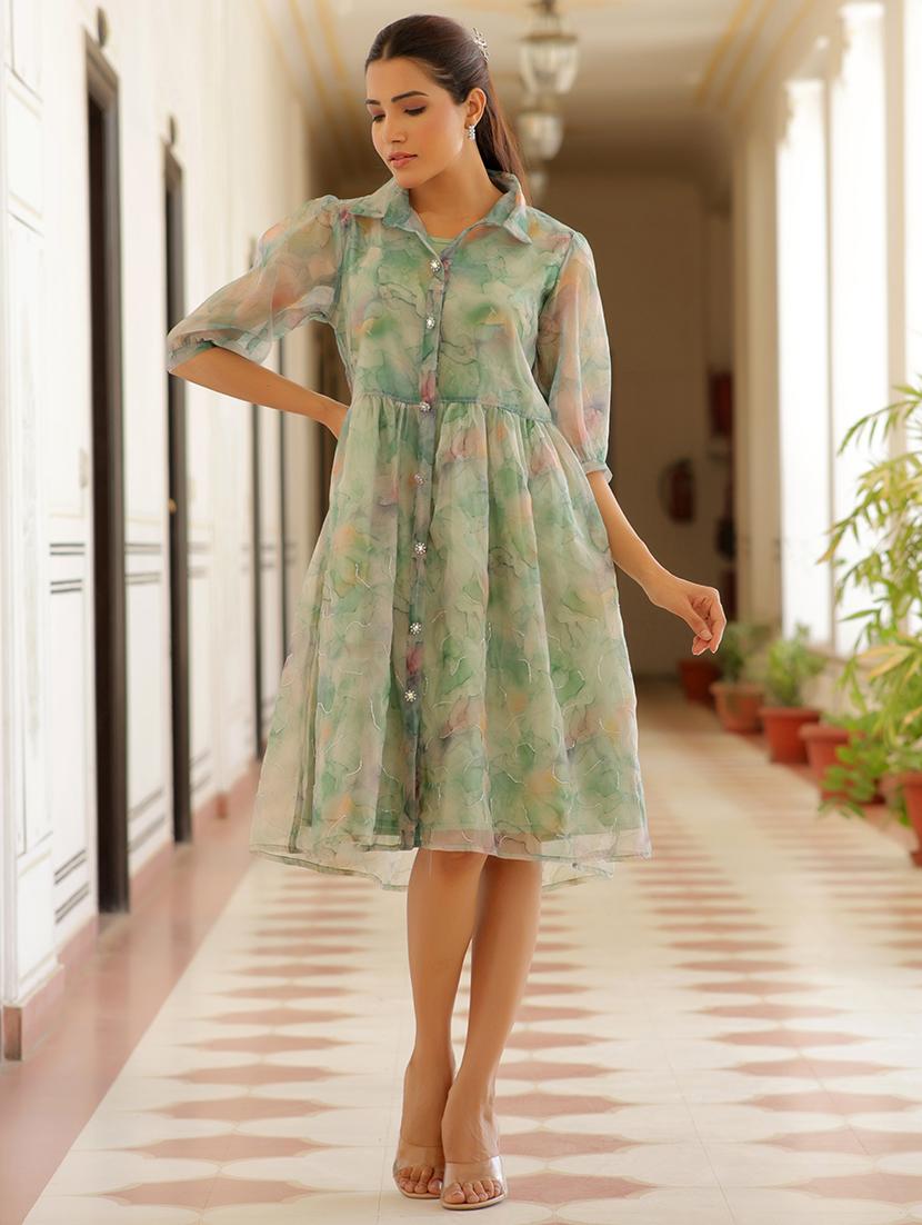 light green abstract printed fit & flare dress - 21497415 - Zoom Image - 0