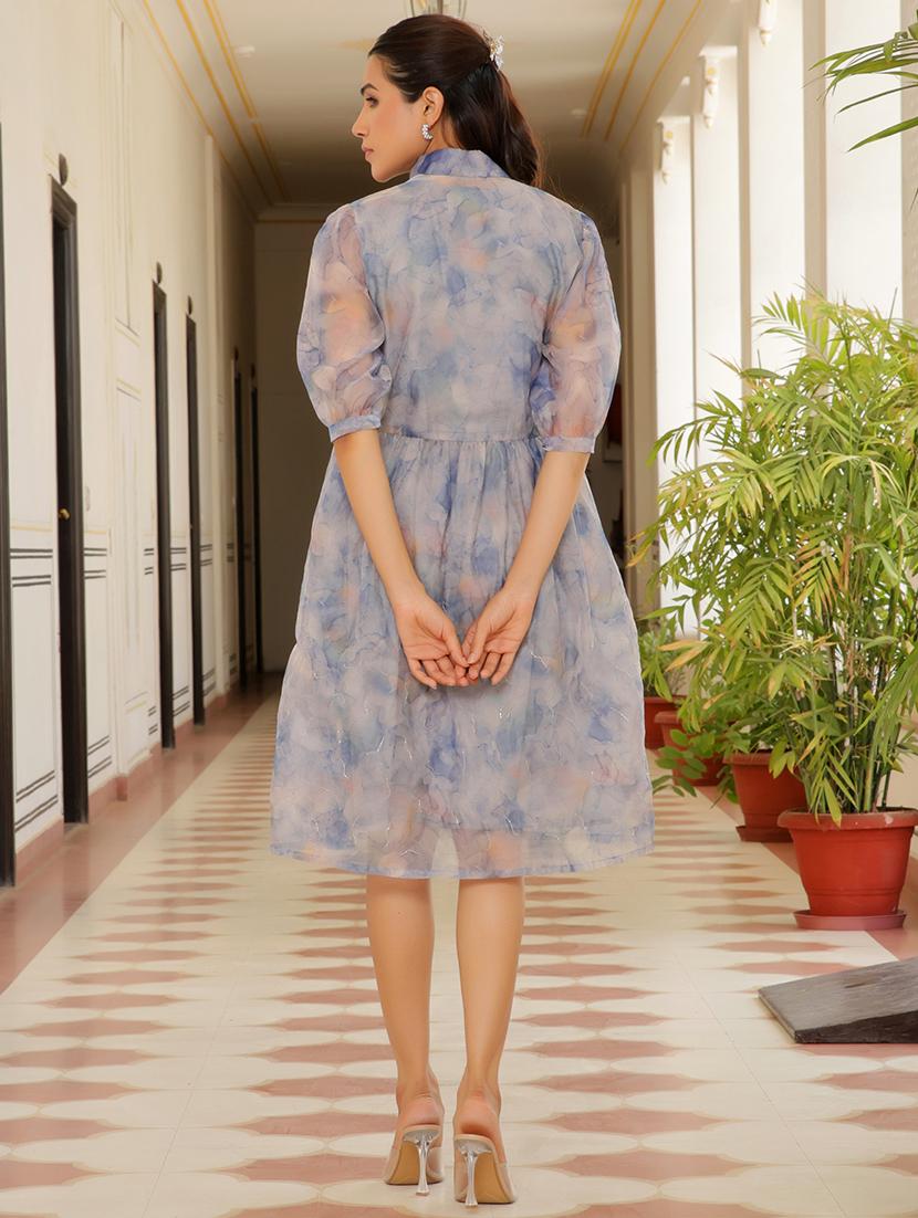 women printed collared puff sleeves fit & flare dress - 21497416 - Standard Image - 2