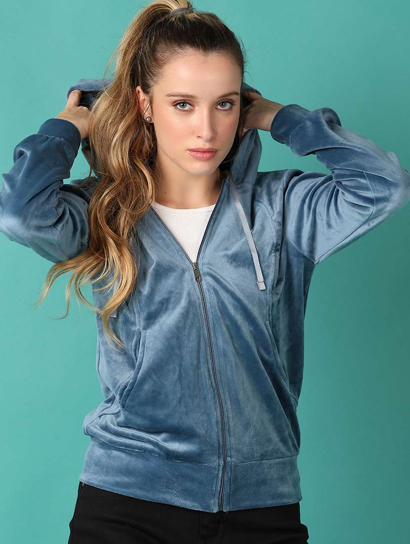 women solid hooded zipper sweatshirt