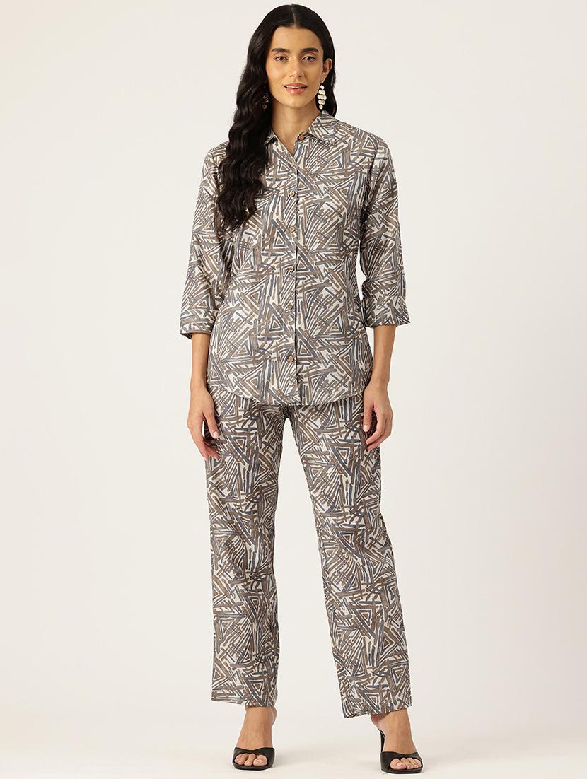 women collared printed top and palazzos co-ord set - 21497851 -  Zoom Image - 0