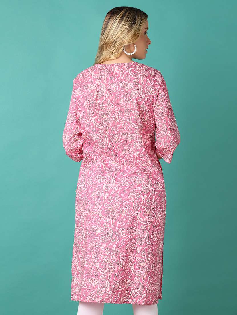 women paisley printed three quarter sleeve straight kurta - 21498559 -  Standard Image - 2