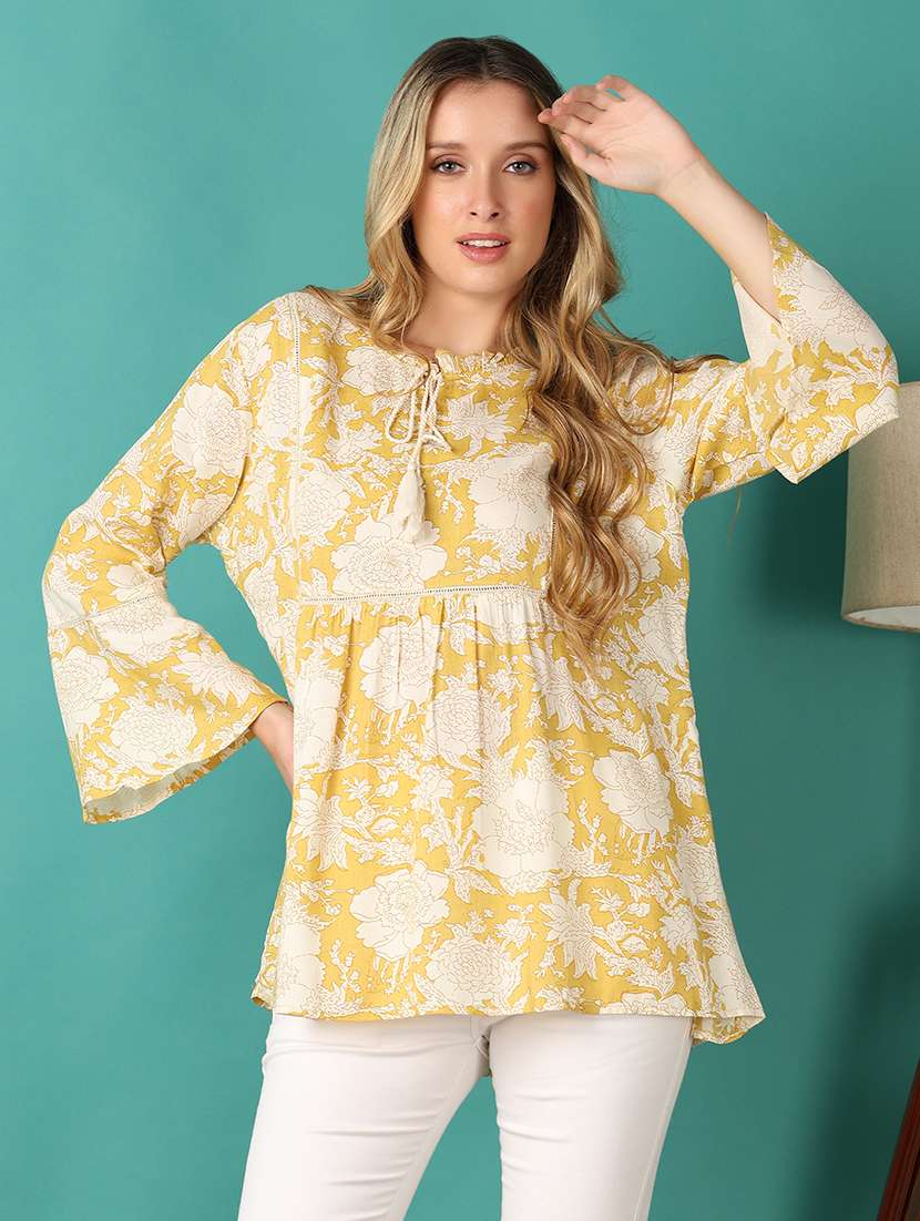 women printed bell sleeves a-line kurti