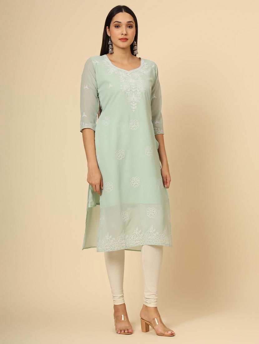 women three quarter sleeve chikankari straight kurta - 21499088 - Standard Image - 2