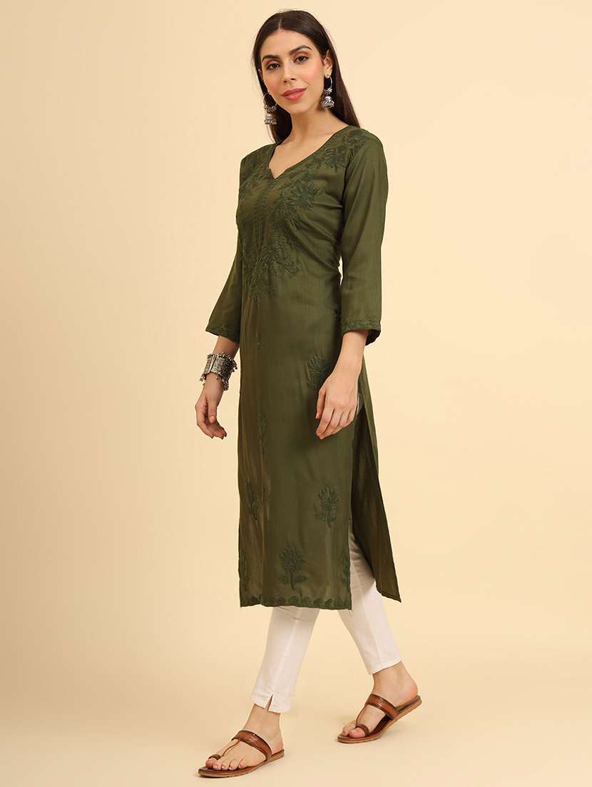 women three quarter sleeve chikankari straight kurta - 21499092 -  Standard Image - 2