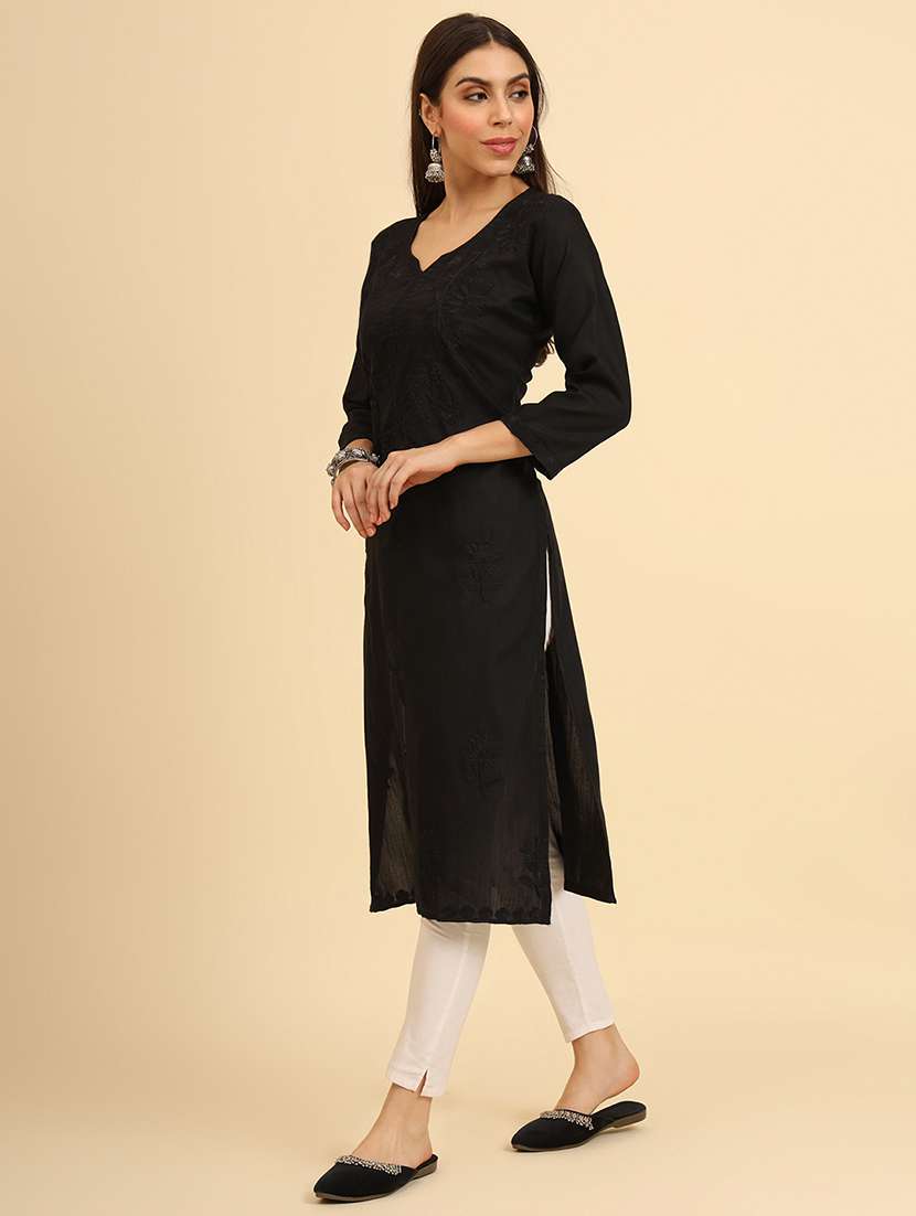 women three quarter sleeve chikankari straight kurta - 21499097 -  Standard Image - 2