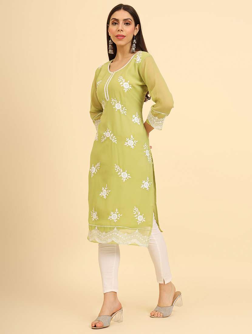 women three quarter sleeve chikankari straight kurta - 21499100 -  Standard Image - 2