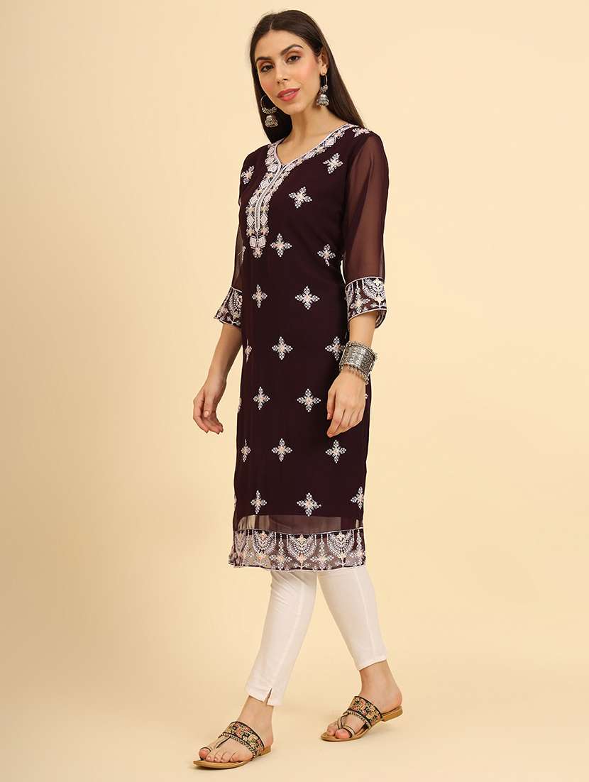 women three quarter sleeve chikankari straight kurta - 21499104 -  Standard Image - 2