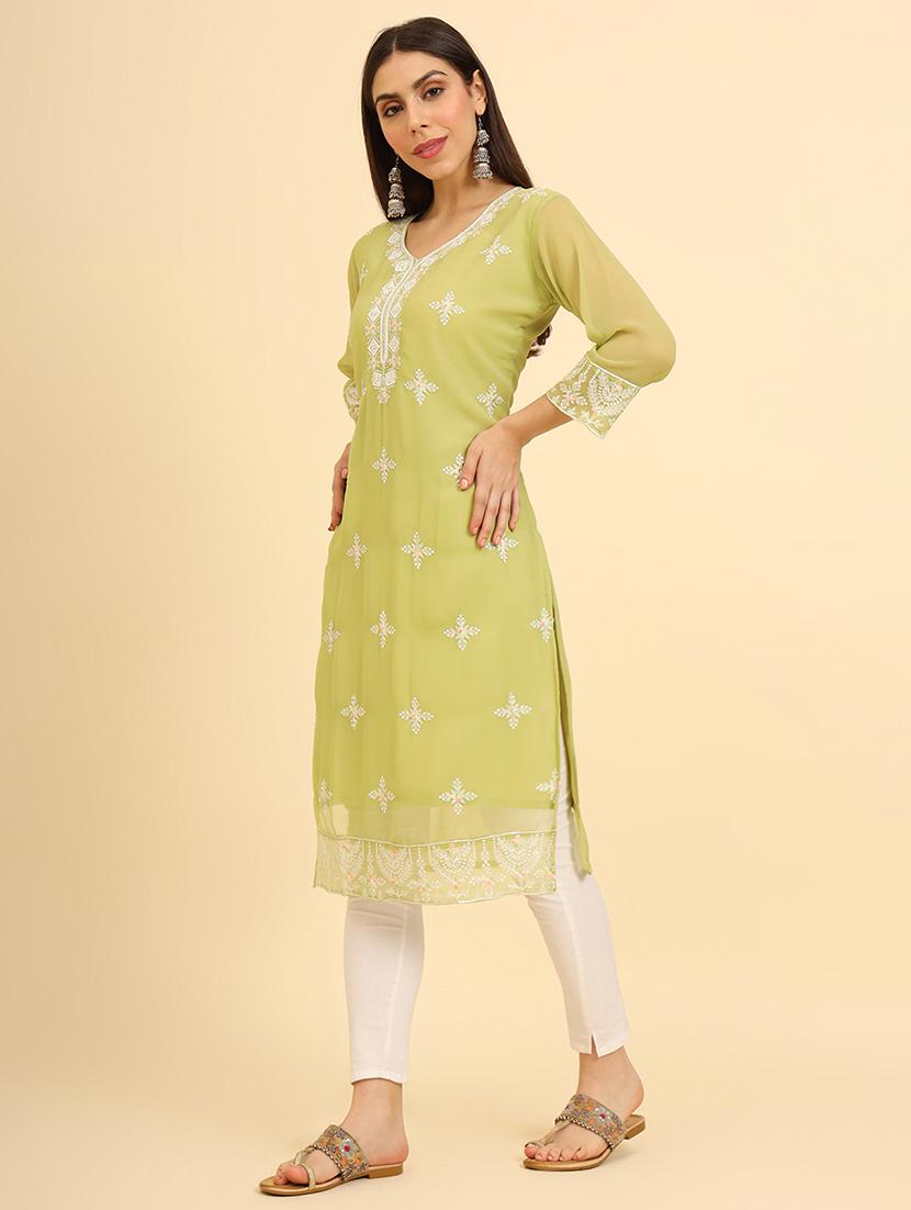 women three quarter sleeve chikankari straight kurta - 21499108 - Standard Image - 2