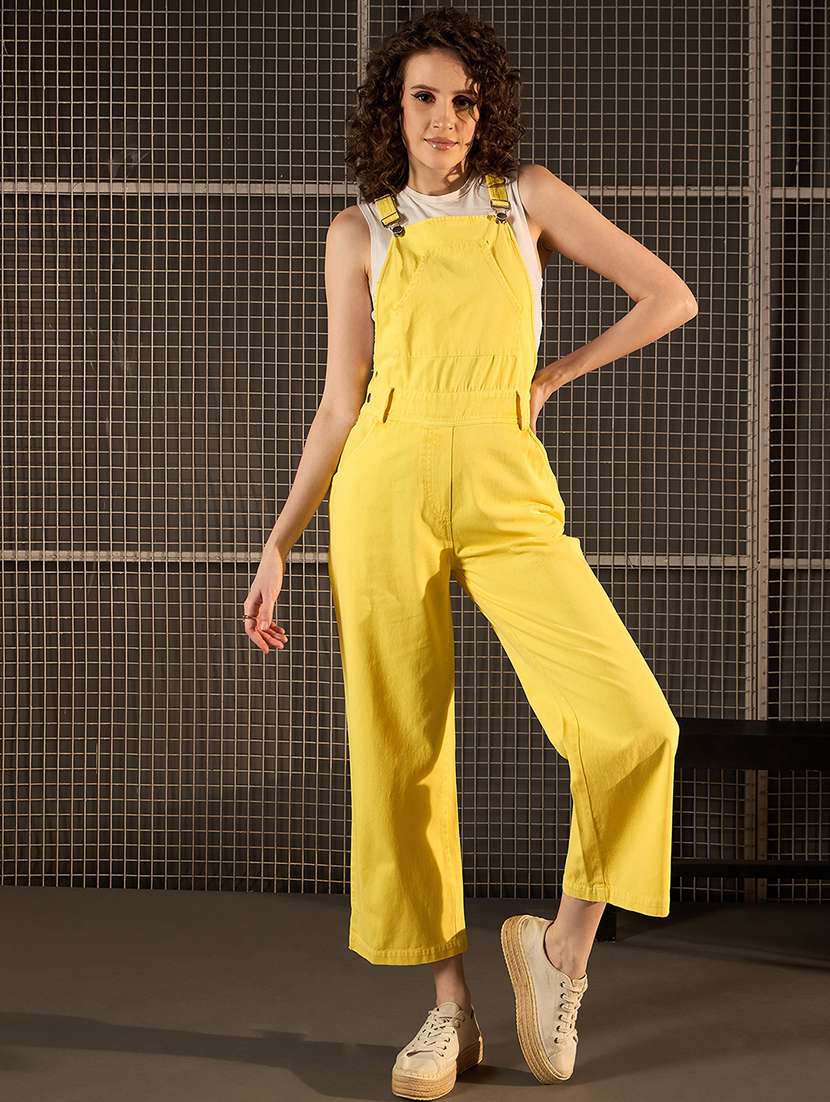 women yellow denim dungaree jumpsuit