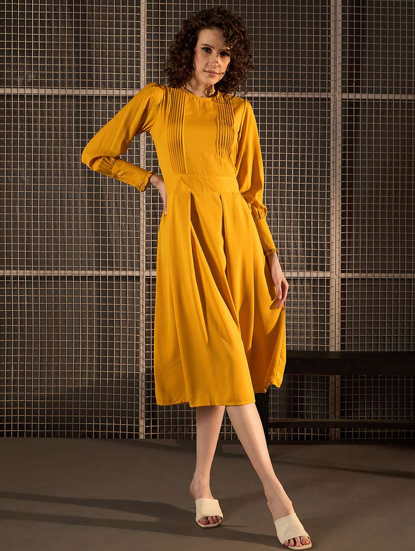women yellow polyester fit & flare dress
