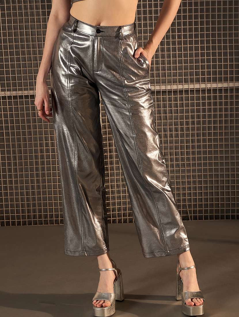 women silver polyester peg trouser