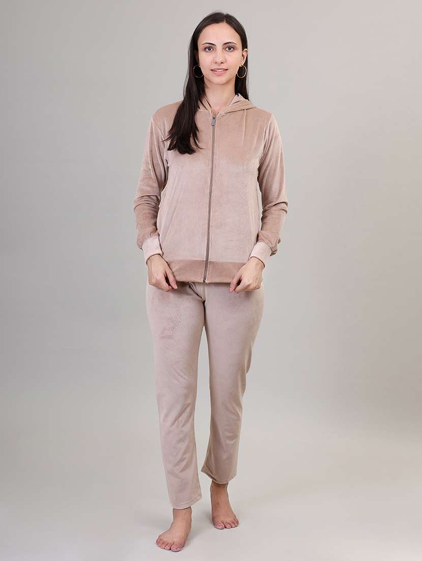 women hooded solid pyjama nightwear set