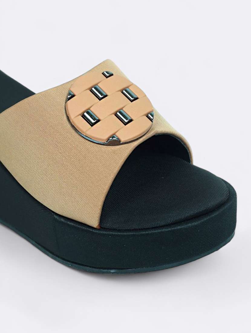 A Pair Of Black And Grey Coloured Open Toe Wedge Heel.
