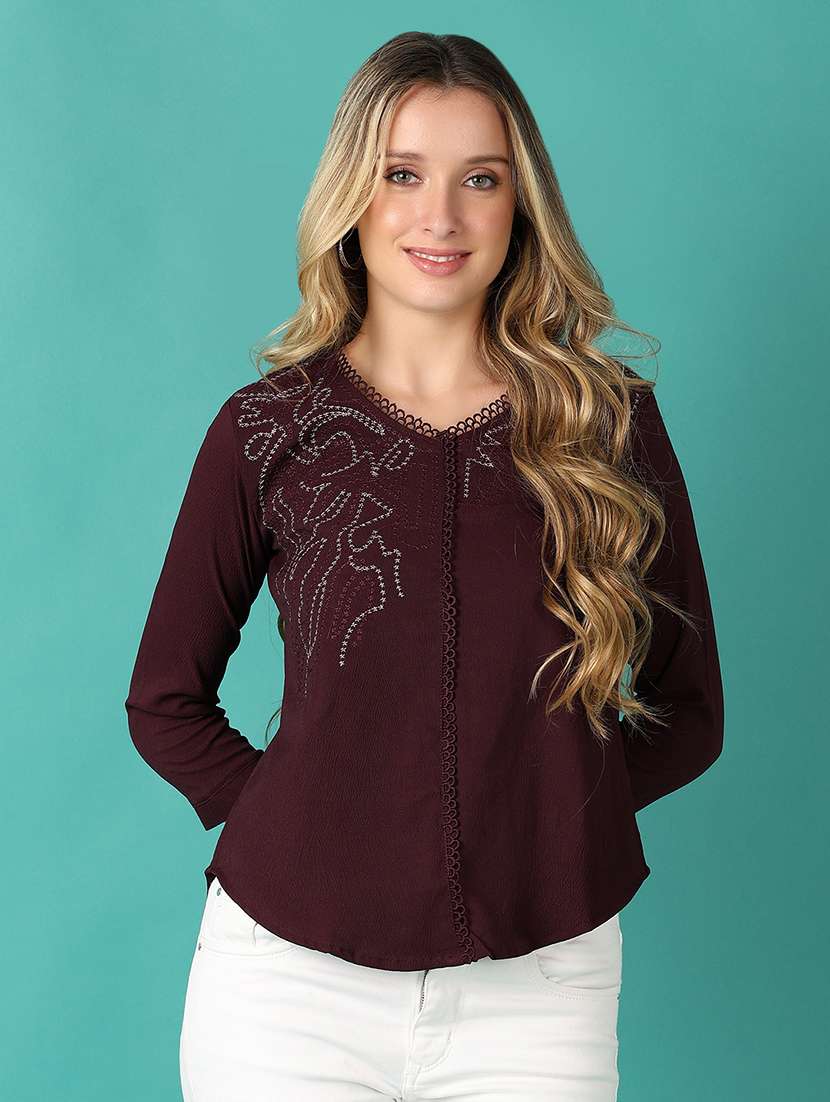 women maroon three quarter sleeve top - 21500905 -  Zoom Image - 0