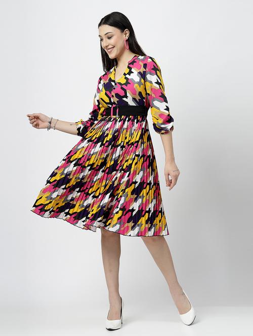 multi colored poly crepe fit & flare dress - 21501113 - Standard Image - 0