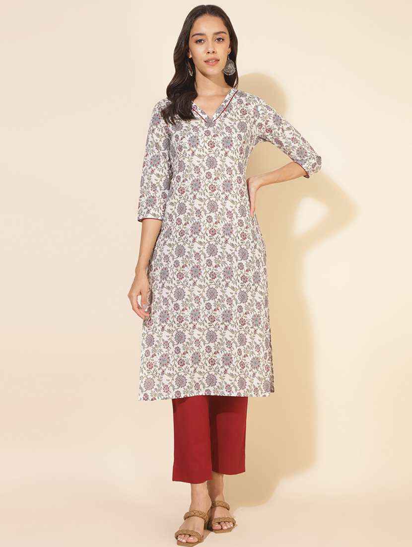 women floral three quater sleeve straight kurta