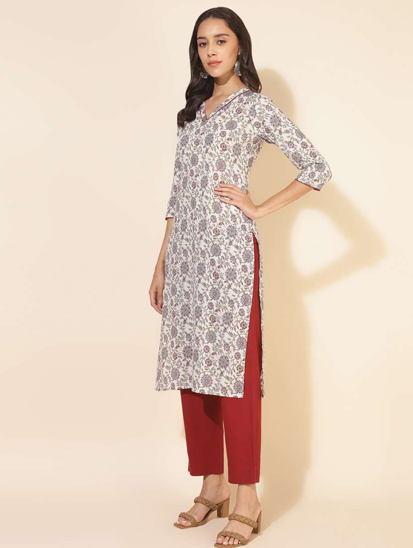 women floral three quater sleeve straight kurta - 21501396 -  Standard Image - 2