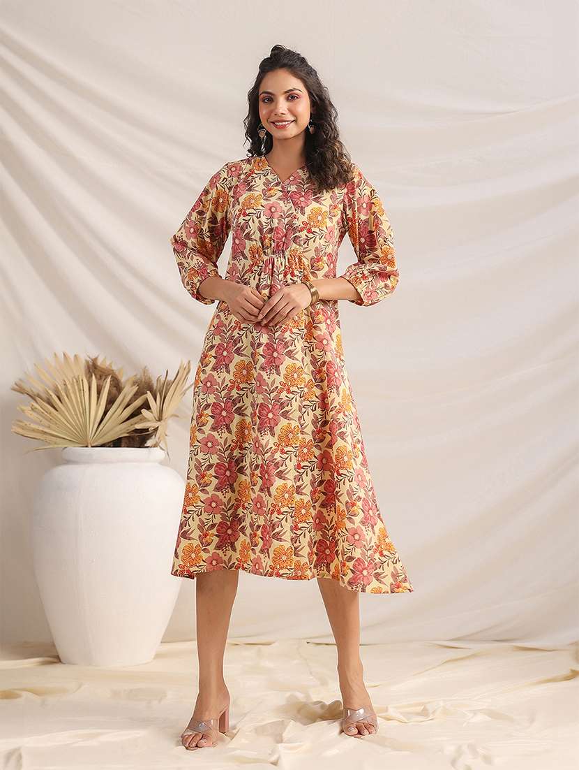 beige floral printed fit & flare dress