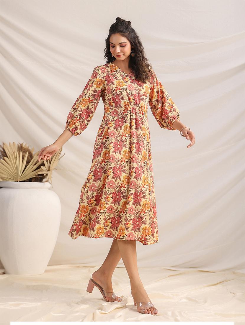 beige floral printed fit & flare dress - 21501475 - Standard Image - 2