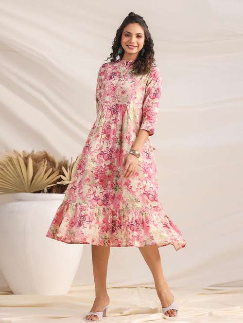 pink printed fit & flare dress - 21501476 - Standard Image - 0
