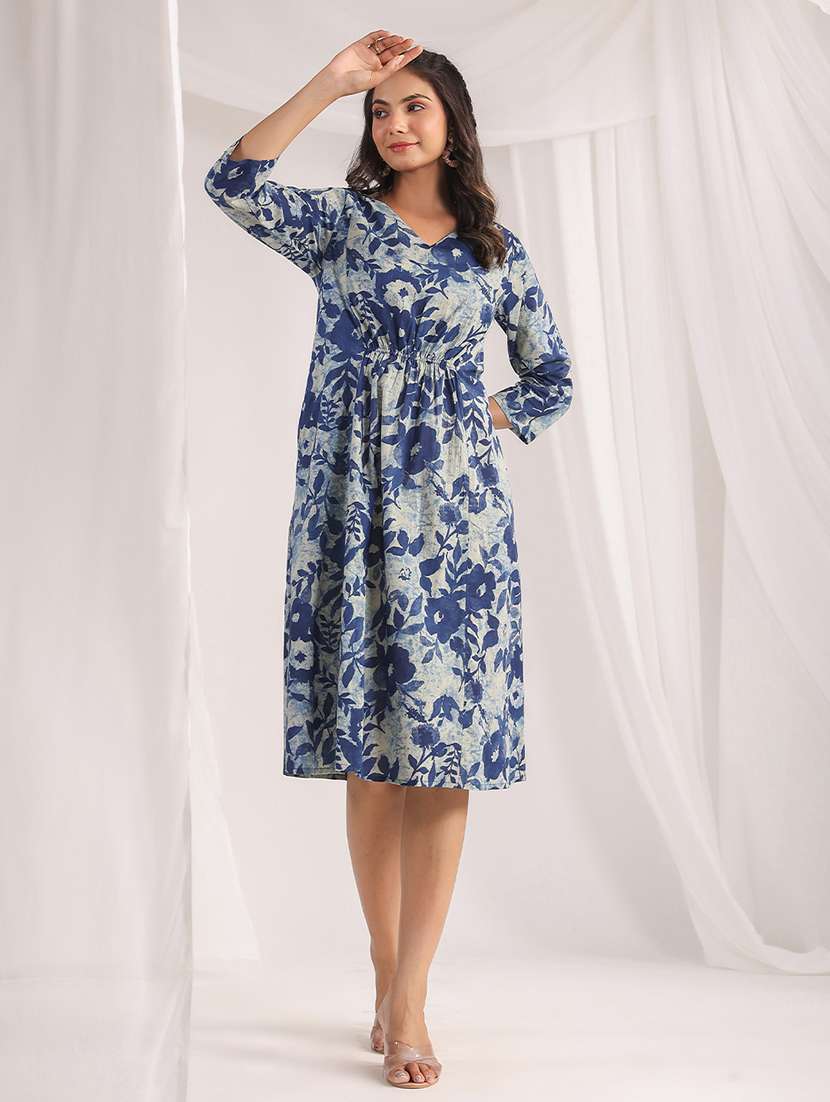 blue floral printed fit & flare dress