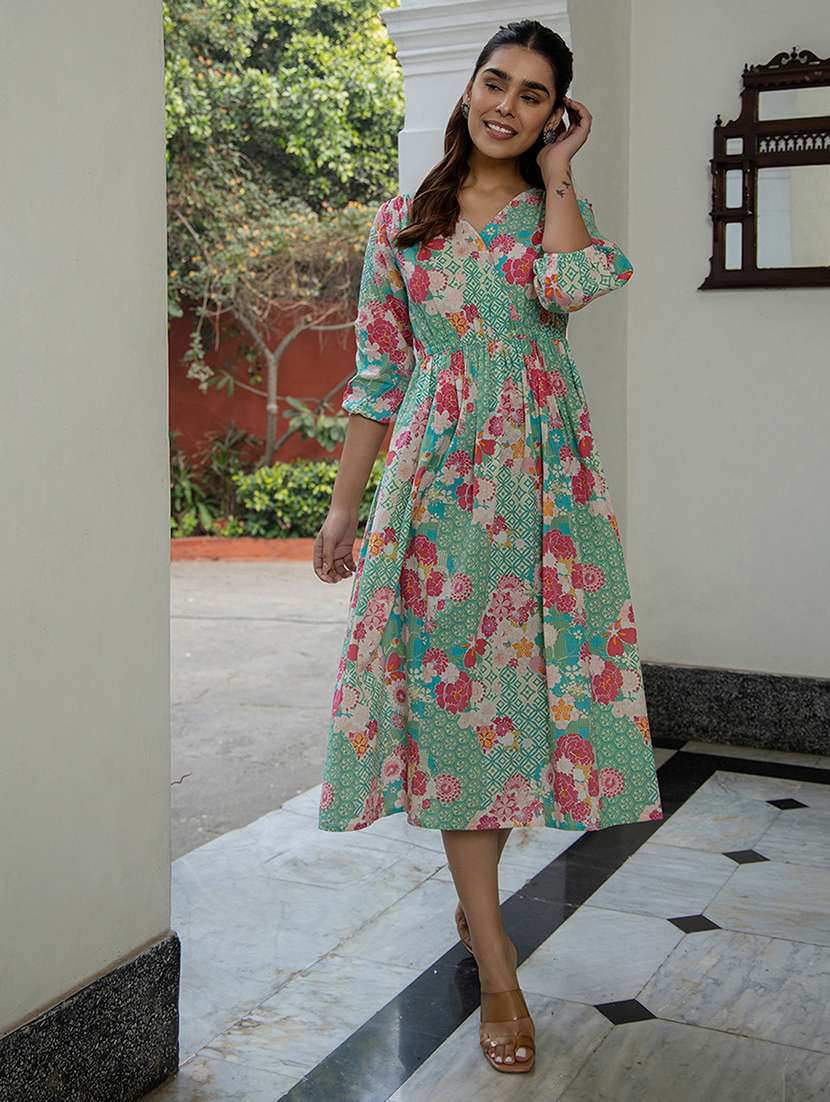 green floral printed fit & flare dress