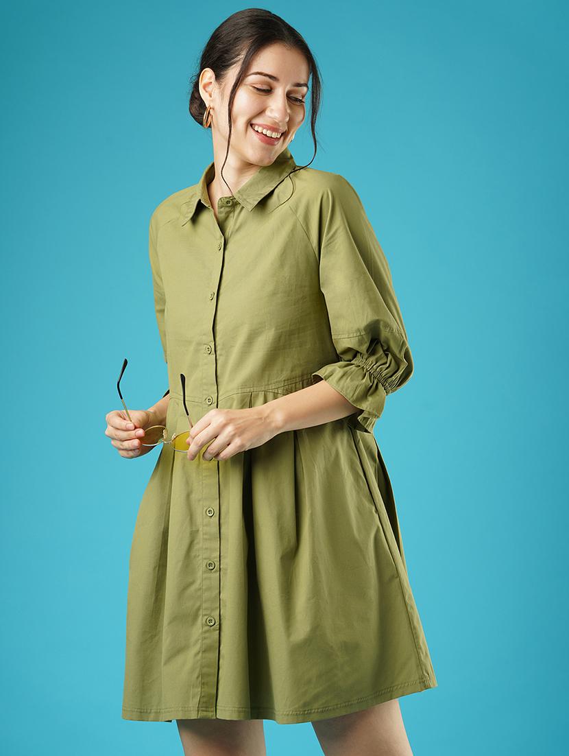 globus women green raglan sleeves gathered oversized above knee shirt style dress - 21501762 -  Zoom Image - 0